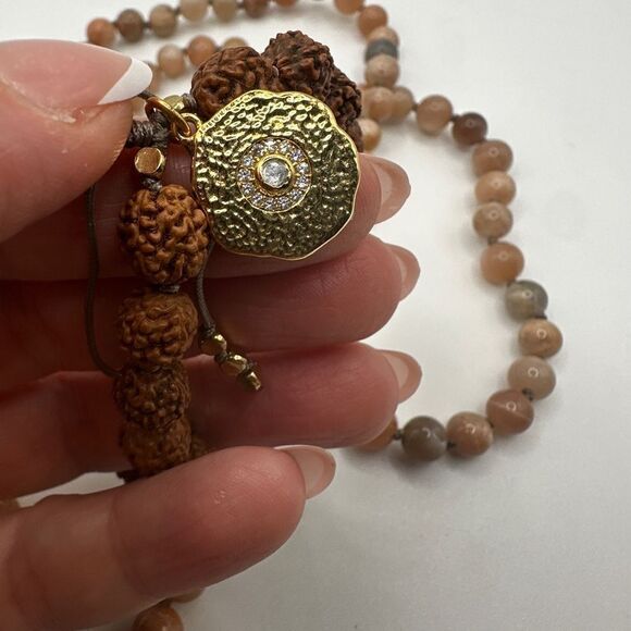 39" of solid peach moonstone, and Rudraksha Mala beaded necklace! - Picture 14 of 15